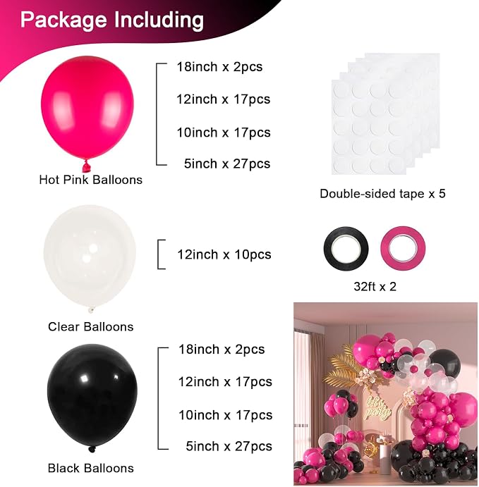 136pcs Hot Pink Black Balloon Arch Kit - Image 2