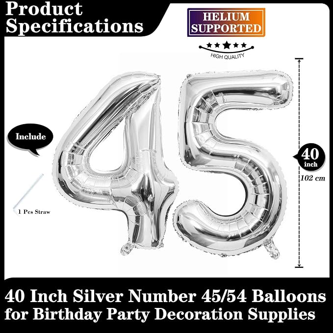 Silver 45 Number Balloons, 40 Inch Giant Number 45 Balloons Foil Mylar Helium - Image 2