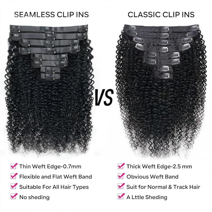 Seamless Curly Clip in Hair Extensions Real Human Hair Brazilian Virgin Human Hair Clip in Extensions 8Pcs Seamless Clip ins for Black Women with 18Clips PU Skin Weft 120g 22inch Natural Black