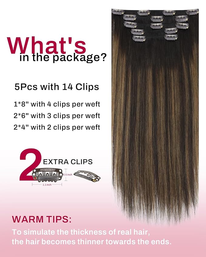 Moresoo Clip in Hair Extensions Real Human Hair Balayage Dark Brown with Chestnut Brown 5pcs 80g Remy Straight Invisible Double Weft Ombre Human Hair Clip in Extensions 20inch