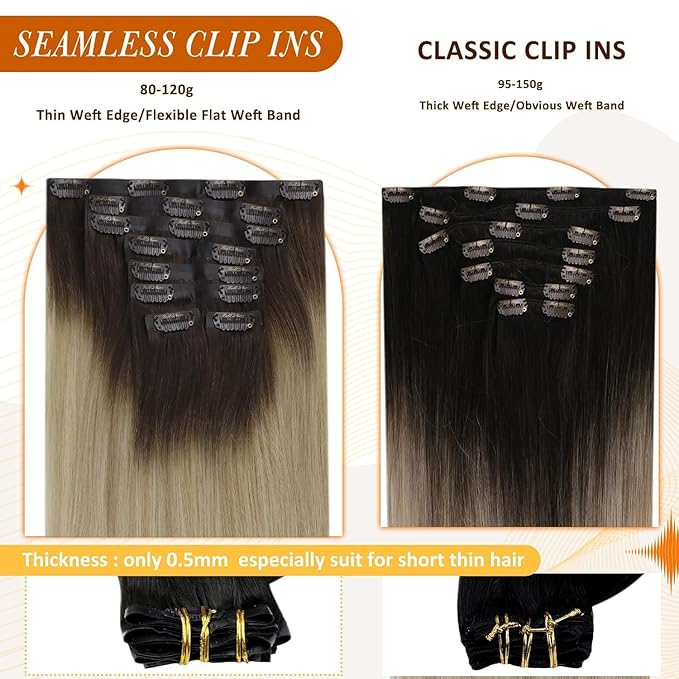 Full Shine Ombre Clip in Hair Extensions 12 Inch Dark Root Brown to Platinum Blonde Real Human Hair with PU Weft Seamless Hair Extensions 8 PCS 95 Grams