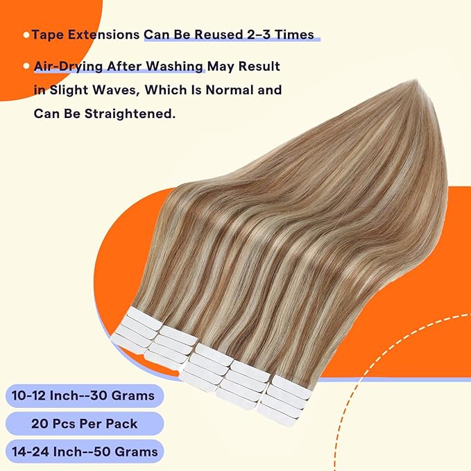 Full Shine Hair Extensions Tape in 20 Inch Tape in Extensions Human Hair Color 10 Highlights 613 Blonde Invisible Tape Ins Human Hair Extensions 20PCS 50g Extensions for Women Real Hair