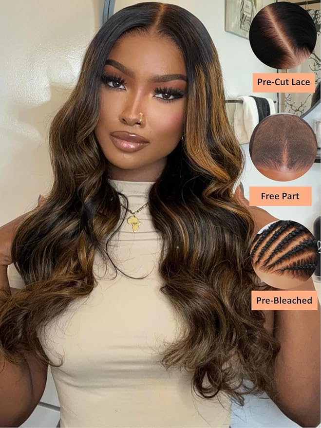 YIROO Bye Bye Knots 7x5 HD Lace Glueless Wig Human Hair Highlight Ombre Brown Body Wave Wig with Elastic Drawstring, Pre Cut Pre Plucked Pre Bleached Invisible Knots Put On and Go 150% Density 18Inch