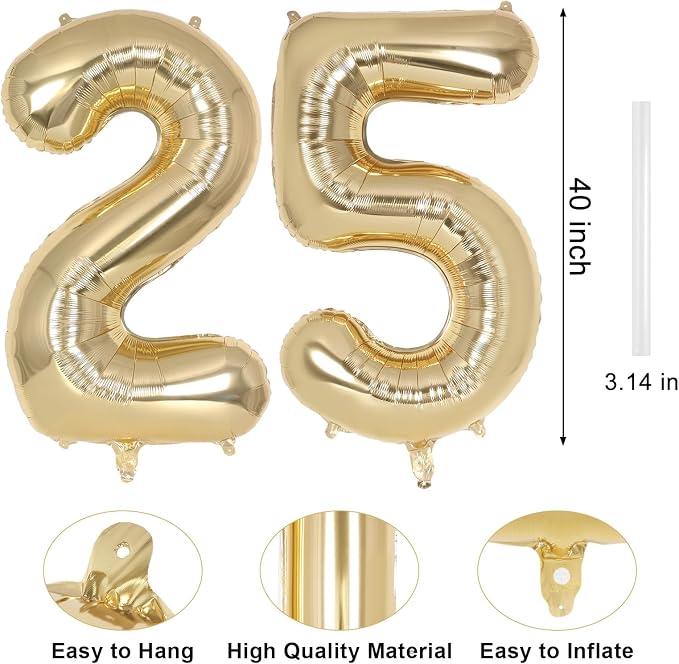 Champagne Gold Large Number 25 Balloon, 40 Inch Light Gold Foil Helium Number - Image 2