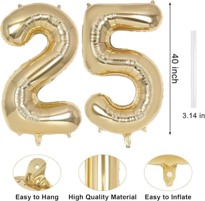 Champagne Gold Large Number 25 Balloon, 40 Inch Light Gold Foil Helium Number - Image 2