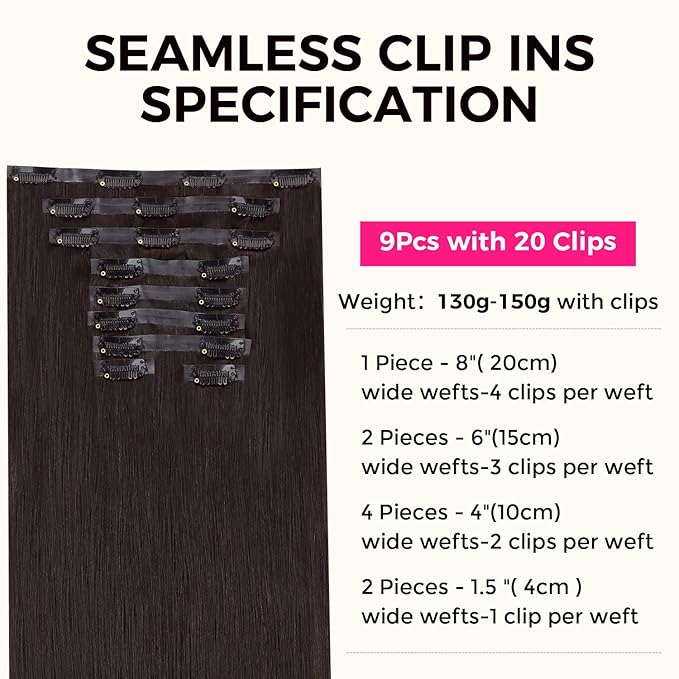 Lashey Seamless Clip in Hair Extensions Human Hair 130g 9pcs #2 Dark Brown Light Yaki Straight 14 Inch Clip in Hair Extensions Full Pack with Soft PU Invisi Edge