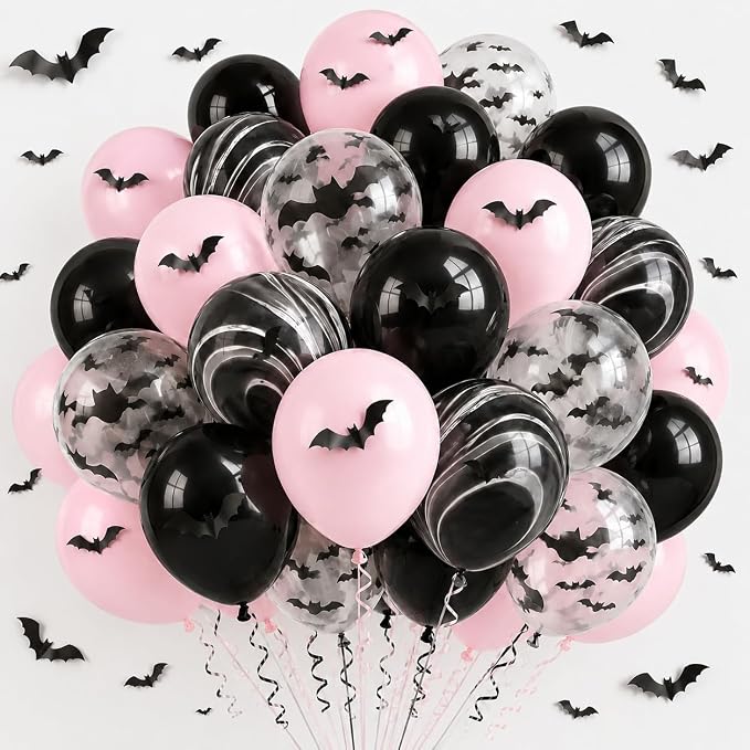HILAVO Pink Halloween Balloons Pastel Pink and Black Bat Balloons | by HILAVO