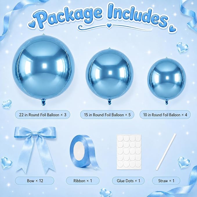 Blue Round Foil Balloons with Satin Bows and Ribbon - Image 2