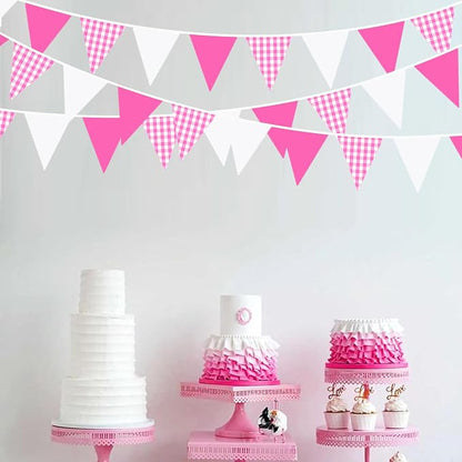 32Ft Hot Pink Party Decorations Pink Buffalo Plaid Checkered White Triangle - Image 3