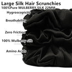 Suncdelv Silk,100% Silk Scrunchies for Hair,22 Momme Hair Ties for Anti-Crease & Breakage,Natural Women Hair Accessories，Fashion Hairbands 3PCS （Black）