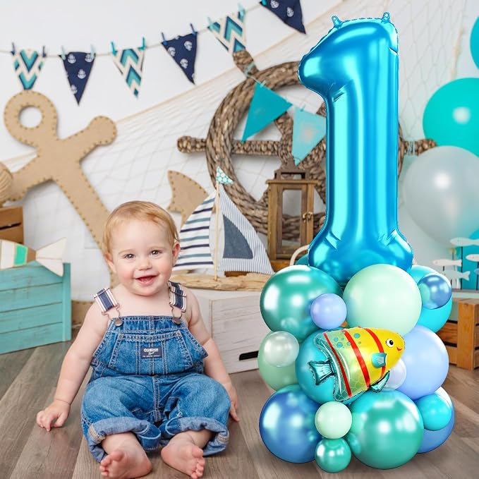 Blue Number 1 Balloon 40 Inch Ocean Under the Sea Number One Foil Balloons Tower - Image 3