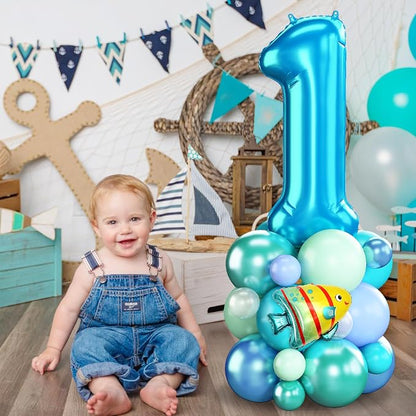 Blue Number 1 Balloon 40 Inch Ocean Under the Sea Number One Foil Balloons Tower - Image 3