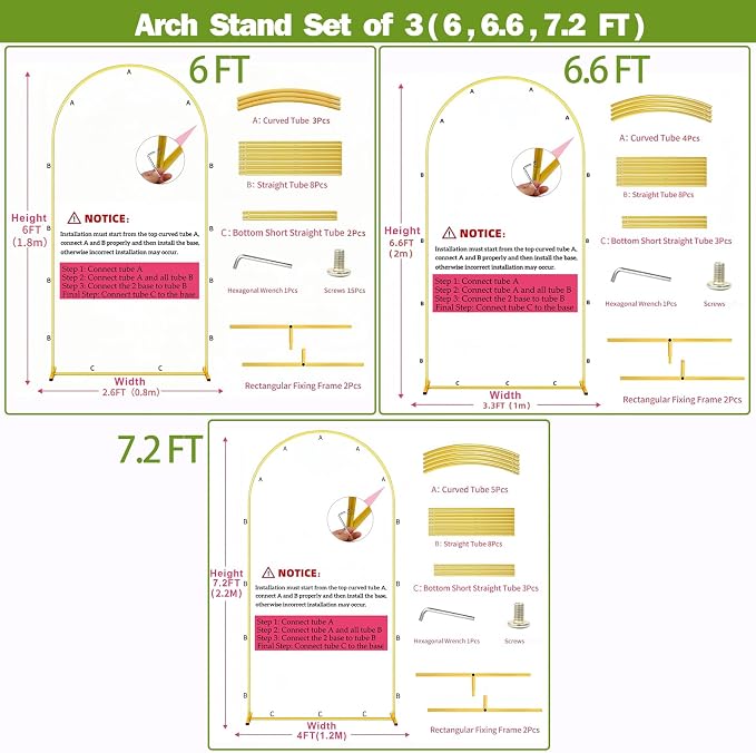 3 Pack Metal Wedding Arch Backdrop Gold Balloon Stand | - Image 8