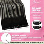 YoungSee 120G Wire Hair Extensions Ombre Black Human Hair Wire Extensions Black Ombre Silver Balayage Human Hair Fish Line for Women 16Inch