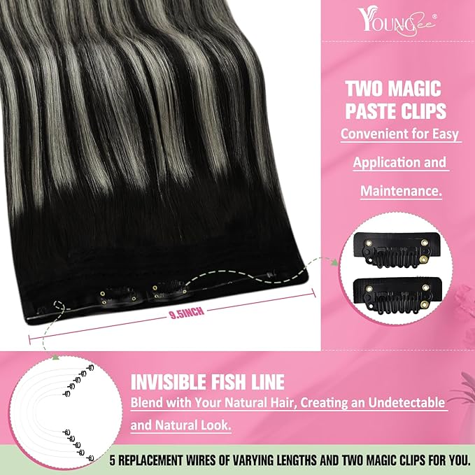 YoungSee 120G Wire Hair Extensions Ombre Black Human Hair Wire Extensions Black Ombre Silver Balayage Human Hair Fish Line for Women 16Inch