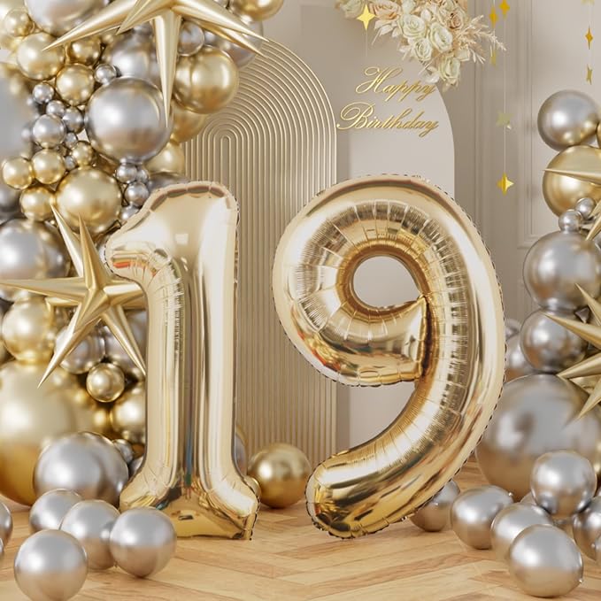 AULE 40 Inch Light Gold 19 Balloon Number Foil 0-9 Birthday Big Numbers | - Image 2