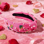 Valentines Day Elegant Pearl Headband, Hot Pink Rhinestone Hearts Design for Women Girls, Cute Wide Knotted Hair Band with Crystal Embellishments for Party Fashion Christmas New Year Hair Accessories