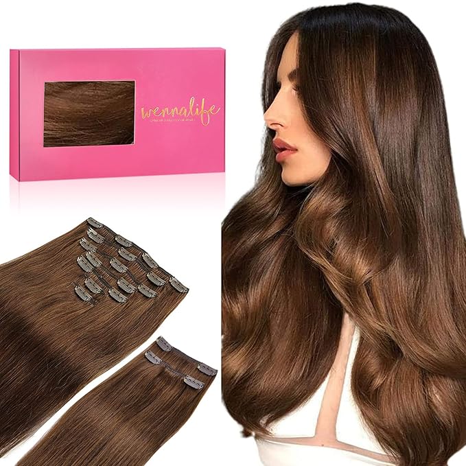 WENNALIFE Clip in Hair Extensions, 150g 20 Inch 9pcs Chocolate Brown Human Hair Extensions Thicker Clip in Hair Extensions Real Human Hair Clip Set Double Weft
