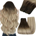 YoungSee Weft Hair Extensions Human Hair Ombre Blonde Sew in Extensions Balayage Human Hair Extensions Sew in Brown Ombre Golden Blond Mix Platinum Blonde Dyable Remy Hair 20Inch 100G