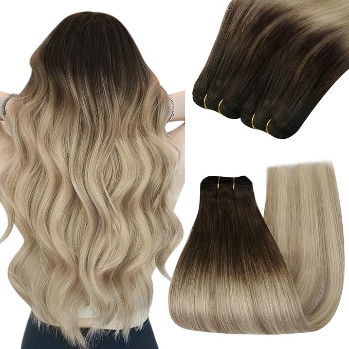 YoungSee Sew in Hair Extensions Real Human Hair Brown to Blonde Hair Extensions Weft Brown Ombre Golden Blond Mix Platinum Blonde Human Hair Weft Extensions Soft Remy Hair 18In 100G