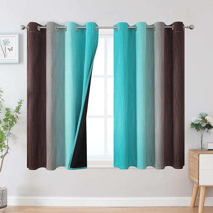 Teal and Brown Blackout Curtains 54 Inch Length, Light Blocking Gradient by ESTELARTEXTILER