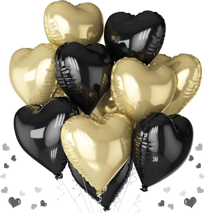 Black Gold Foil Heart Balloons, 18 Inch 10 Pcs Light Gold and Black Heart Shape by TAOYE