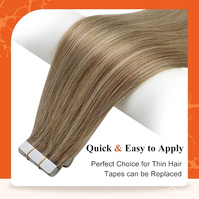 Full Shine Tape in Hair Extensions Human Hair Gold Brown Highlighted Hair Extensions Tape in Color Brown Balayage 20Inch Double Sided Tape in Hair Extensions 20Pcs 50Grams for Women