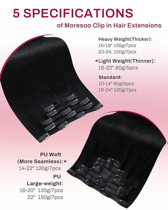 Moresoo Jet Black Clip in Hair Extensions Human Hair 18 inch Black Hair Extensions Clip in Human Hair Remy for Women Long And Straight 80g/5pcs
