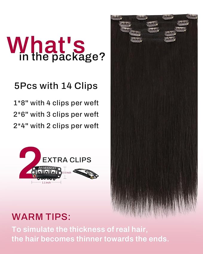 Moresoo Clip in Hair Extensions Real Human Hair Dark Brown Hair Extensions Clip in Short for Women Double Weft Remy Human Hair Straight 80g/5pcs 14 inch