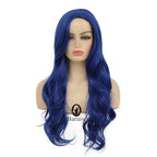 Baruisi Long Curly Wavy Blue Wigs for Women Side Part Natural Looking Cosplay Synthetic Fiber Wig Heat Resistant Replacement Wig