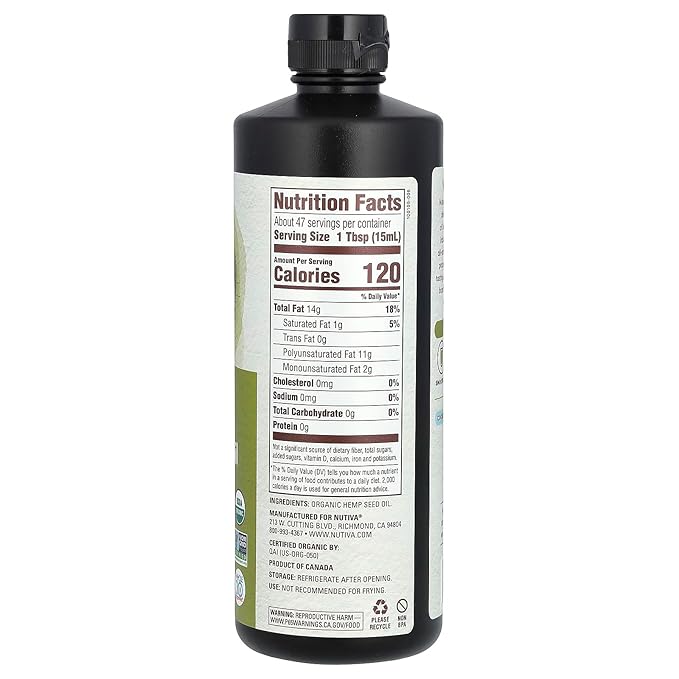 Nutiva Organic Cold-Pressed Unrefined Raw Hemp Seed Oil, 24 Ounce, USDA Organic, Non-GMO, Whole 30 Approved, Vegan, Gluten-Free & Keto, Rich In Omega 3 & 6 Fatty Acids