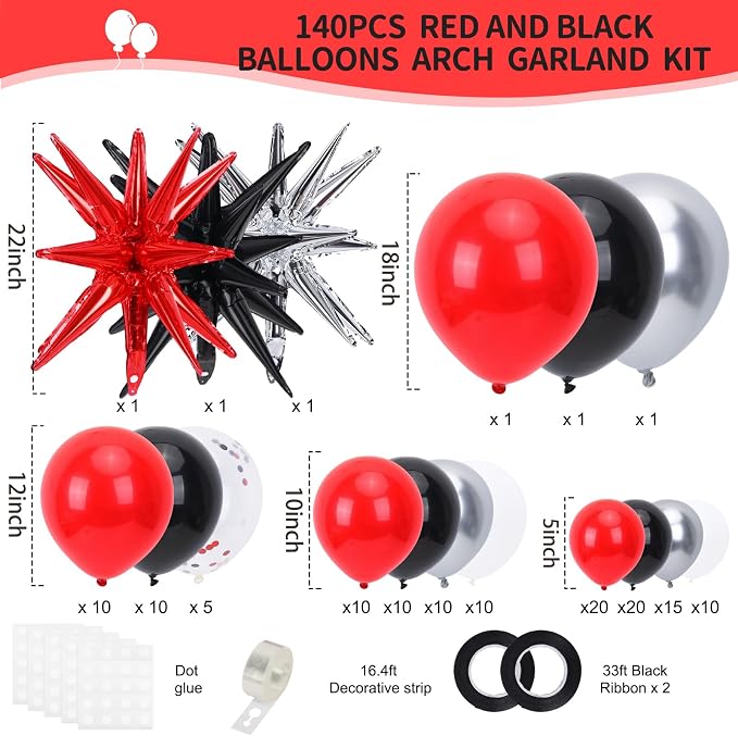 RUBFAC Red and Black Balloon Arch Kit 140pcs | Red Black and Metallic Silver - Image 2