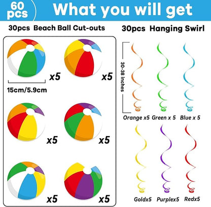60pcs Beach Ball Party Foil Swirl Decorations Summer Pool Ball Ceiling Hanging - Image 2