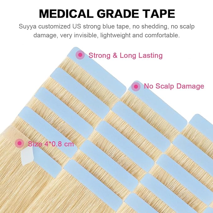 SUYYA Tape in Hair Extensions Remy Human Hair 18 inches 50g/pack 20pcs Straight Seamless Skin Weft Tape Hair Extensions(18 inches #613 Bleach Blonde)