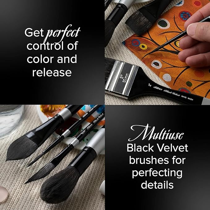 Silver Brush Limited BV-3058S Black Velvet Short Handle 2pc Stroke Set, Mixed Filament Brushes with Very Soft Tips, Professional Artist Painting Set for Watercolors, Gouache, Dyes & Silk Painting