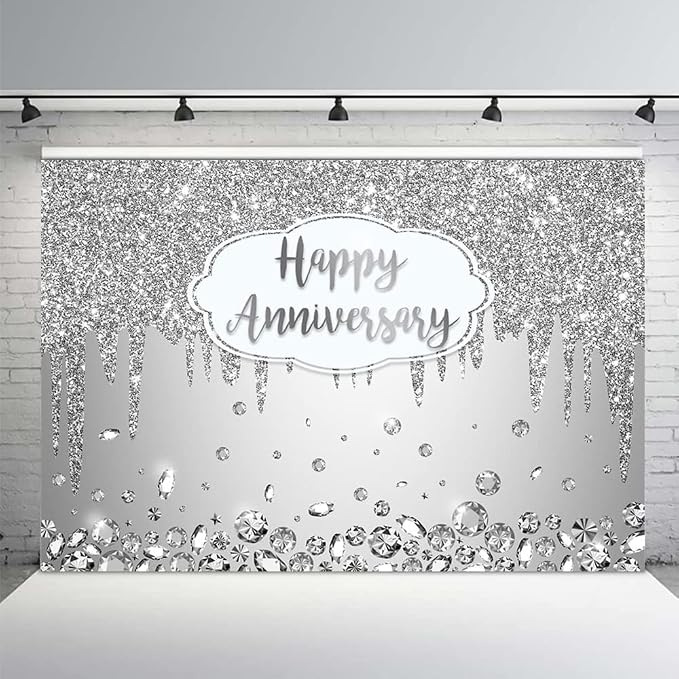 AIBIIN 8x6ft Happy Anniversary Backdrop Silver Dripping Glitter Crystals - Image 2