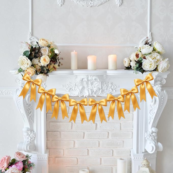 1 String of 8PCS Golden Bow Garland Banner Decoration, Pre-Strung Satin Ribbon - Image 4