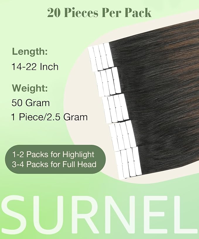 SURNEL Tape in Hair Extensions Human Hair 16 inch Natural Black to Chocolate Brown and Caramel Blonde Tape Hair Extensions 20pcs 50g(#1B/4/27-16)
