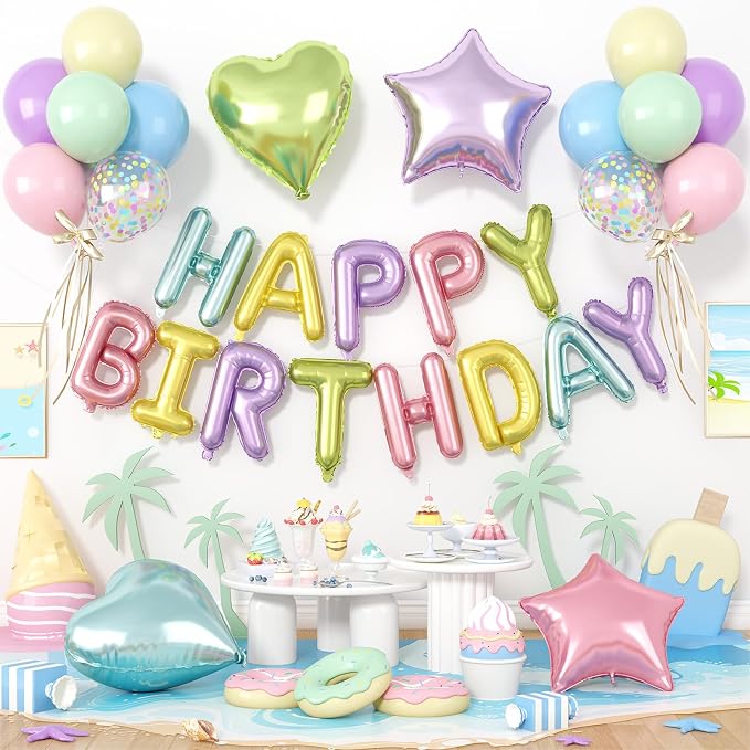 29PC Pastel Happy Birthday Balloon Banner, 16Inch 3D Aluminum Letter Banner Sign by Paready