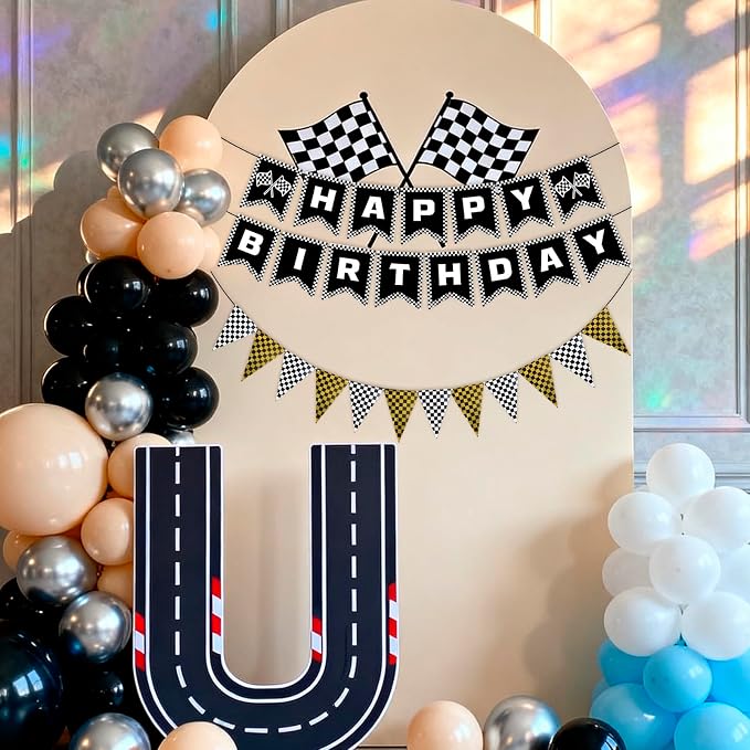 MEETINGU Black and Gold Checkered Flags and Race Car Happy Birthday Banner - Image 4