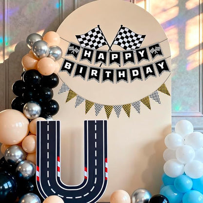 MEETINGU Black and Gold Checkered Flags and Race Car Happy Birthday Banner - Image 4