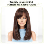 RSY Straight Human Hair Wigs for Women, Shoulder Length and Layered Real Hair Auburn Wig with Bangs for Daily Party Use