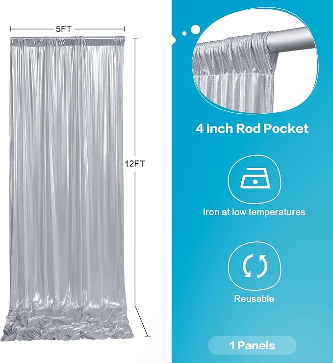 gogoparti Silver Backdrop Curtain 5x12FT 1 Panel Metallic Shine Fabric - Image 5
