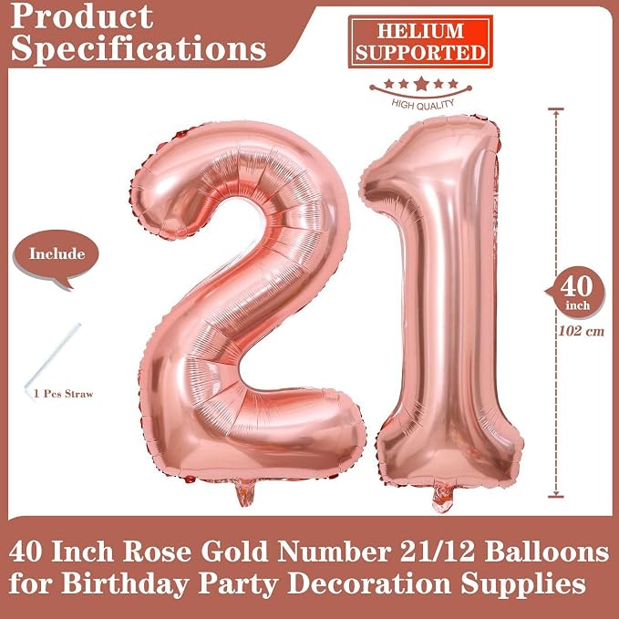 Rose Gold 21 Number Balloons, 40 Inch Giant Number 21 Balloons Foil Mylar - Image 2