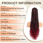Drawstring Ponytail for Women 24 inch Boho Box Braids with Long Wavy Hair Clip in Ponytail Extension Synthetic Hair Extensions Ponytail for Daily Use (T1B/Bug#, 24 Inch)