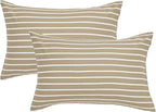 JELLYMONI 100% Natural Cotton Striped Queen Pillowcases Set, 2 Pack Khaki and White Stripes Pattern Printed Pillow Covers with Envelope Closure(Pillows are not Included)