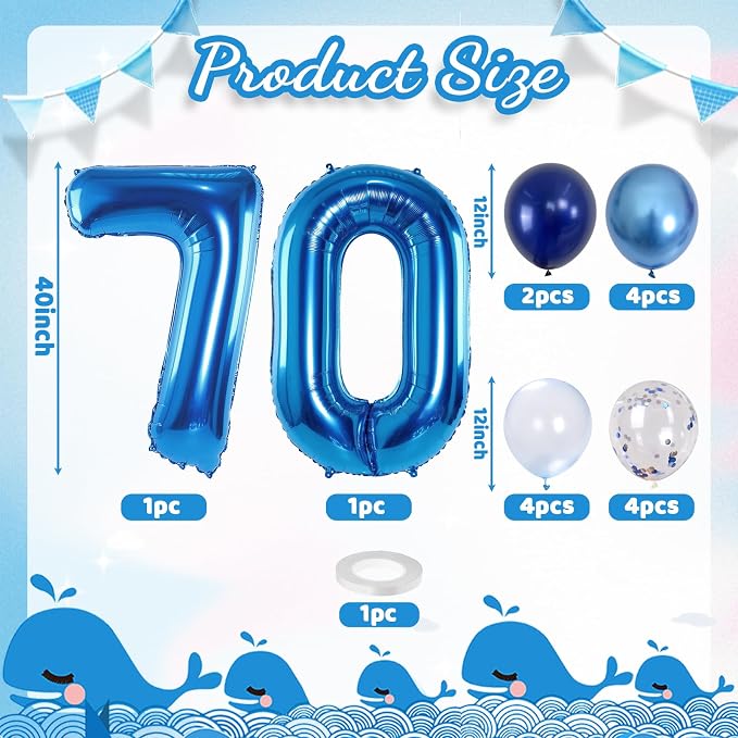 Giant Number Foil Balloon 70, Dark Blue Self Inflating 70th Birthday Balloon - Image 2
