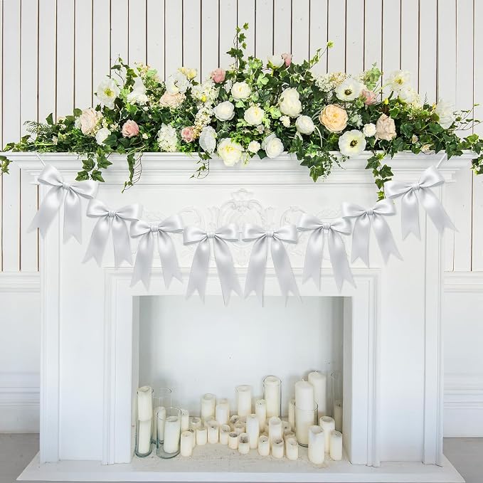 2 Strings of 16PCS White Bow Garlands Banner Decoration, Pre-Strung Satin - Image 6