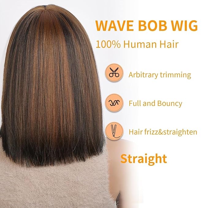 Bob Wig Human Hair with Bangs Glueless 2.5x1 HD Lace Colsure Wigs Human, Bob Wig with Brown Highlights, Wear to Go Short Wigs For Women Beginner Friendly 12 Inch