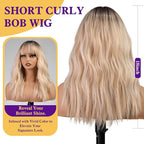 Ombre Blonde Wig with Bangs,Blonde Highlight Wavy Wigs for Women,Shoulder Length Curly Synthetic Hair Wig for Party Daily Use 18IN…